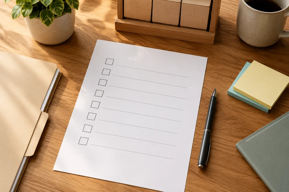 A blank checklist, calendar, sticky notes, and pen arranged for supervision planning